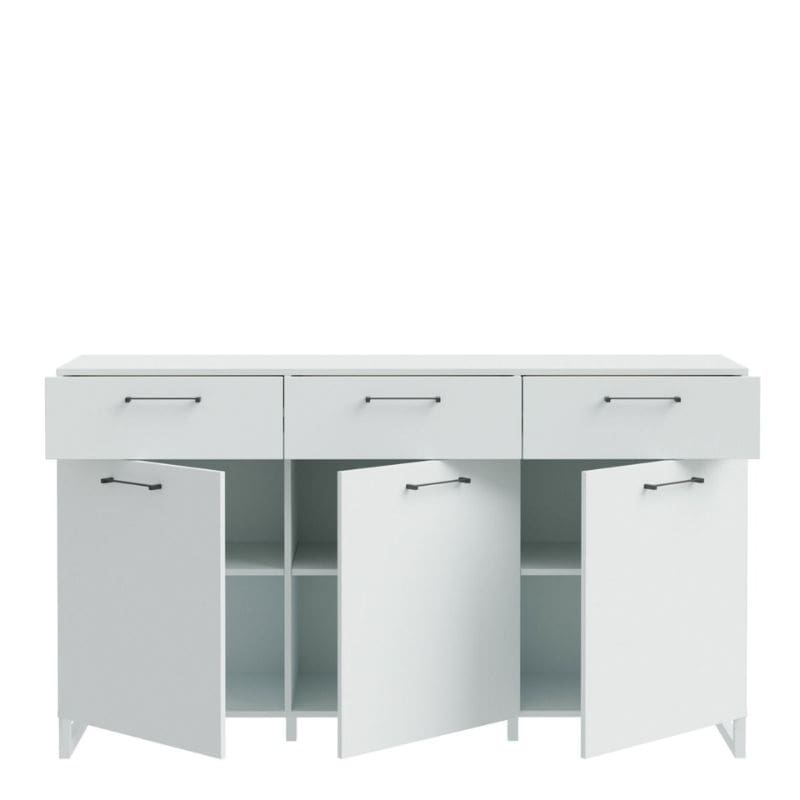 Light grey large sideboard with three doors and handles on a white background