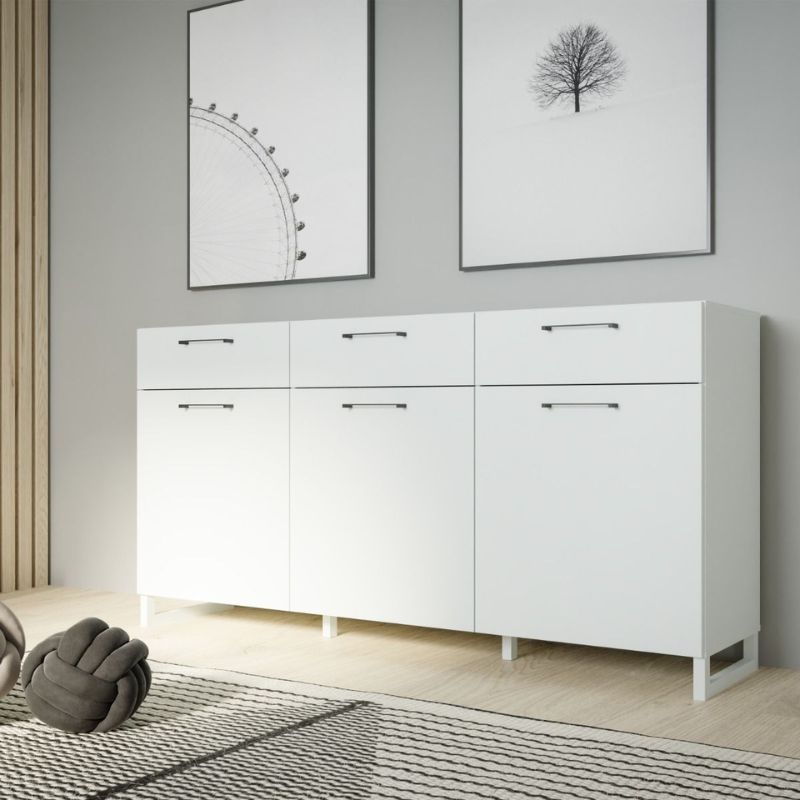 Light grey large sideboard in a room with gray walls and decorative elements.