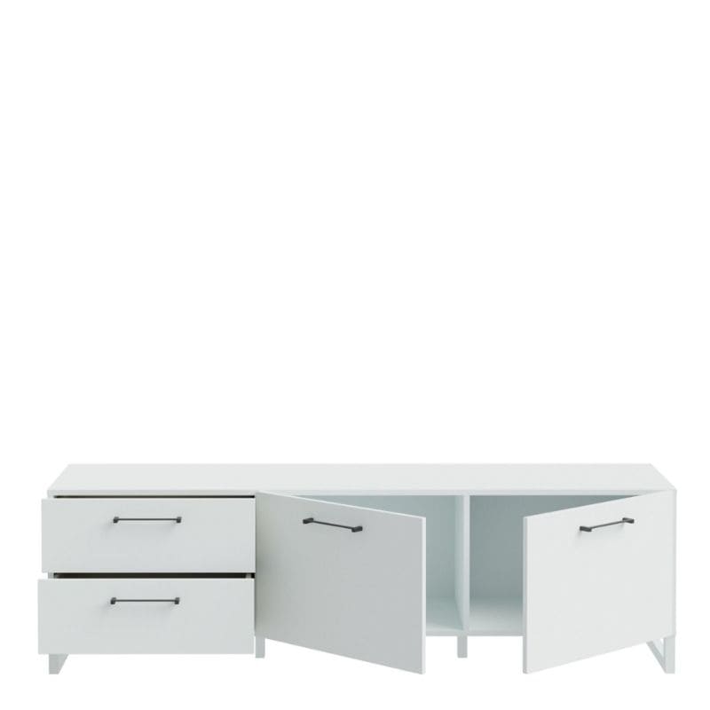 White storage unit with drawers and doors on a white background