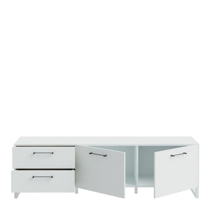 White storage unit with drawers and doors on a white background