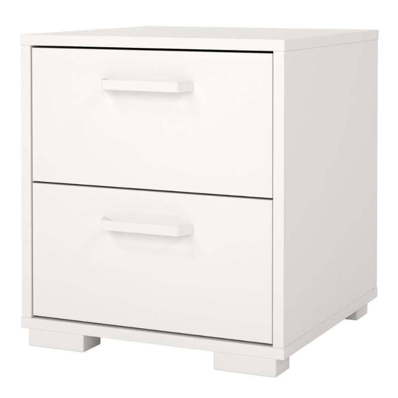 White nightstand with two drawers on a white background