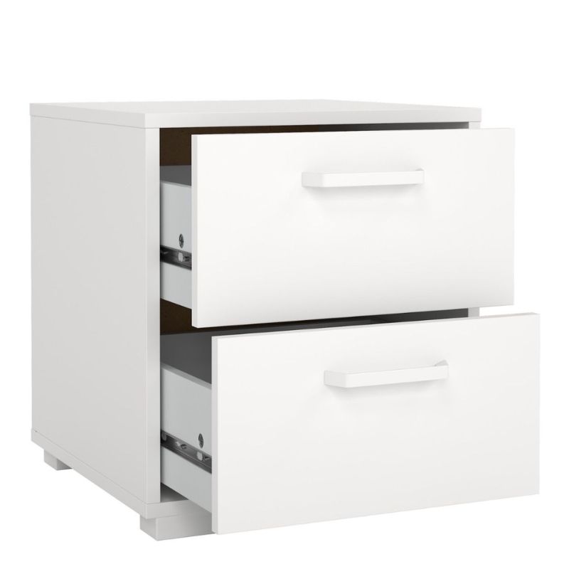 White two-drawer filing cabinet on a white background