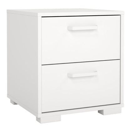 White nightstand with two drawers on a white background