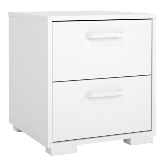 White nightstand with two drawers on a white background