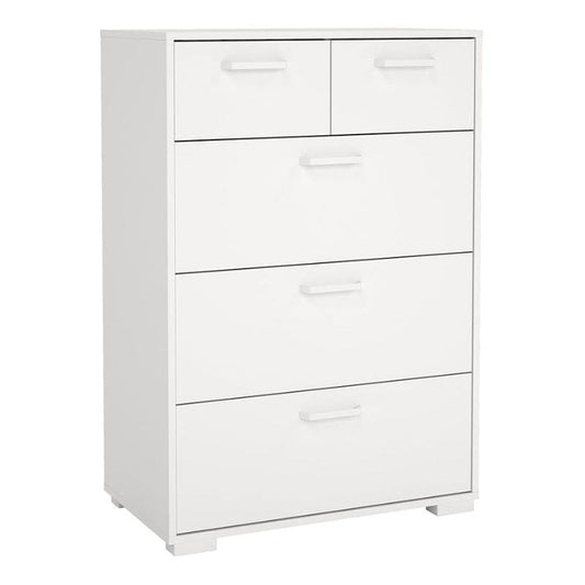 White dresser with five drawers on a white background