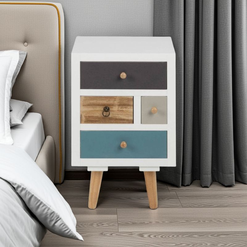 Colorful nightstand with multiple drawers in a bedroom setting
