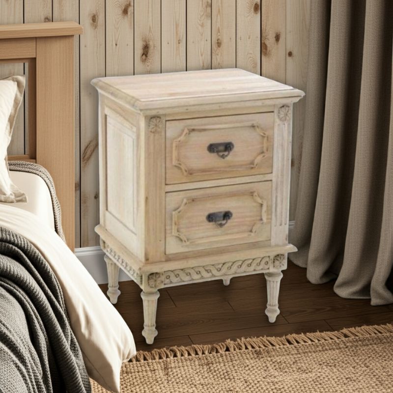 Wooden nightstand with two drawers in a bedroom setting