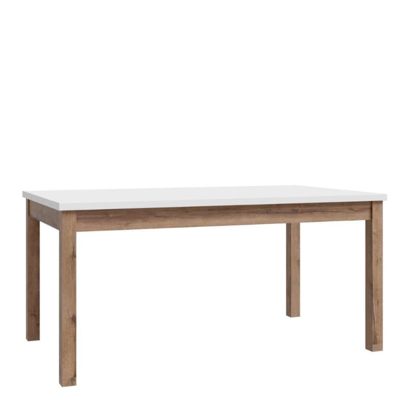 Extending dining Table with white top and wooden legs on a white background