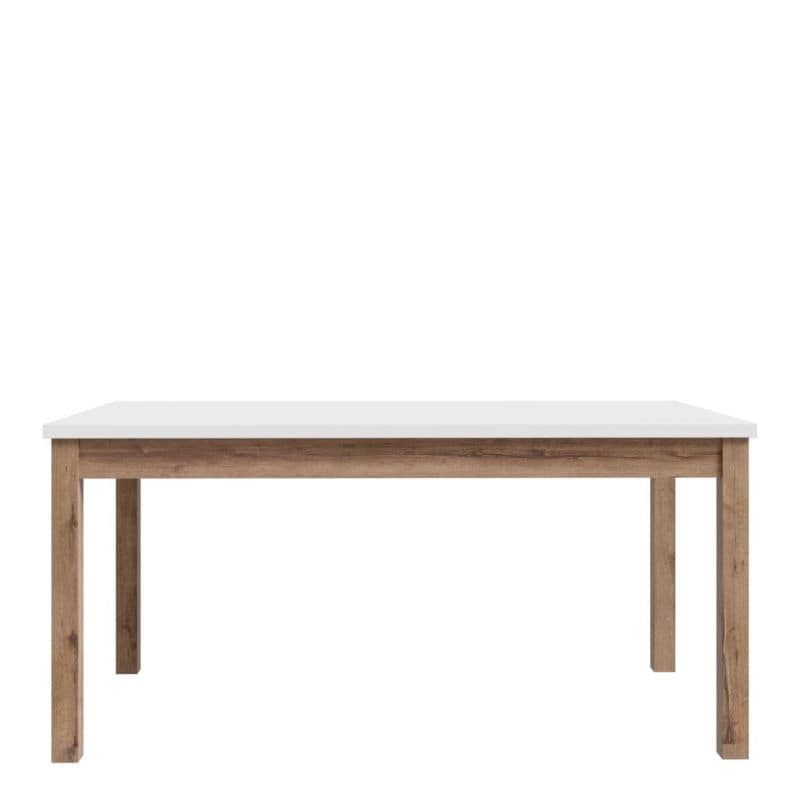 Extending Dining table with white top and wooden legs on a white background