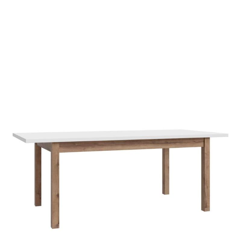 Extending Dining Table with white top and wooden legs on a white background
