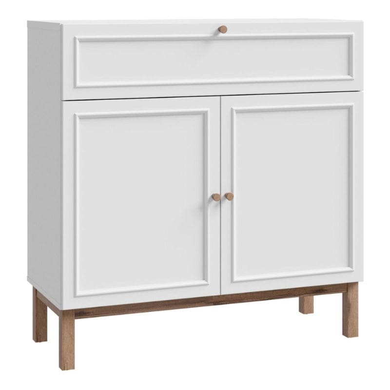 White cabinet with wooden legs on a white background