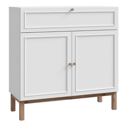 White cabinet with wooden legs on a white background