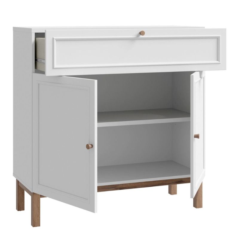White cabinet with open doors on a white background