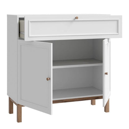 White cabinet with open doors on a white background
