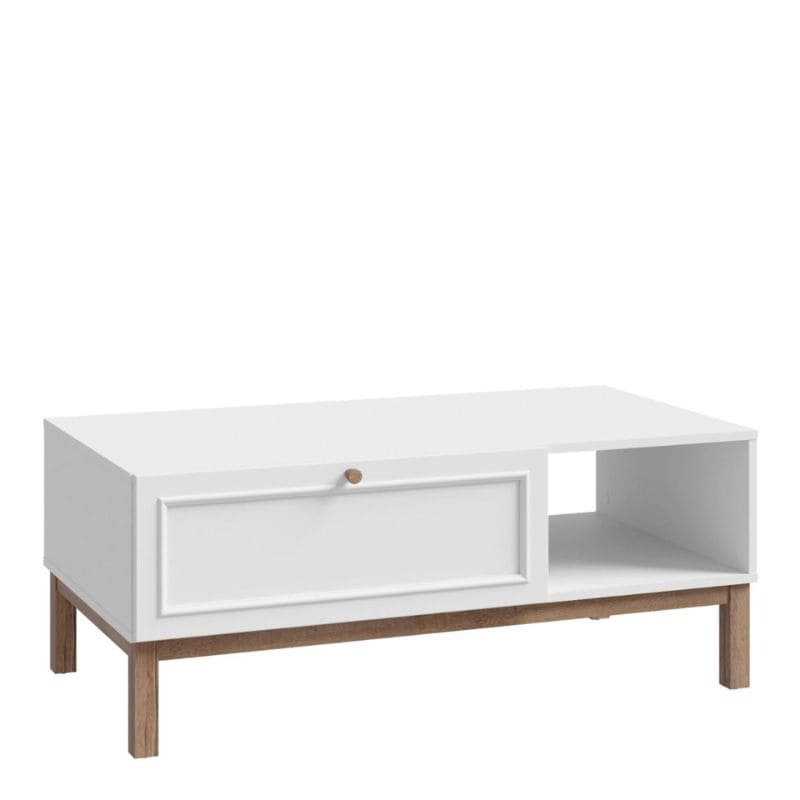 White coffee table with wooden legs on a white background