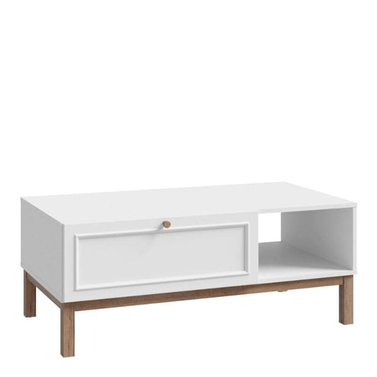 White coffee table with wooden legs on a white background