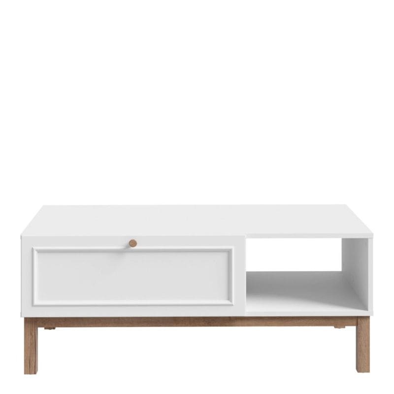 White coffee table with wooden legs on a white background