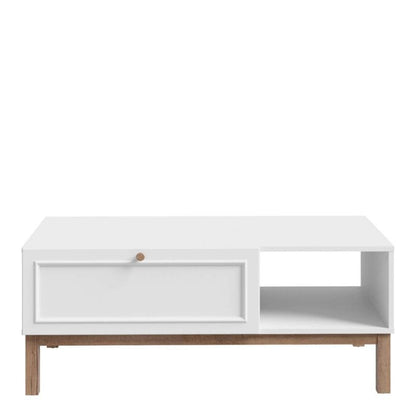 White coffee table with wooden legs on a white background