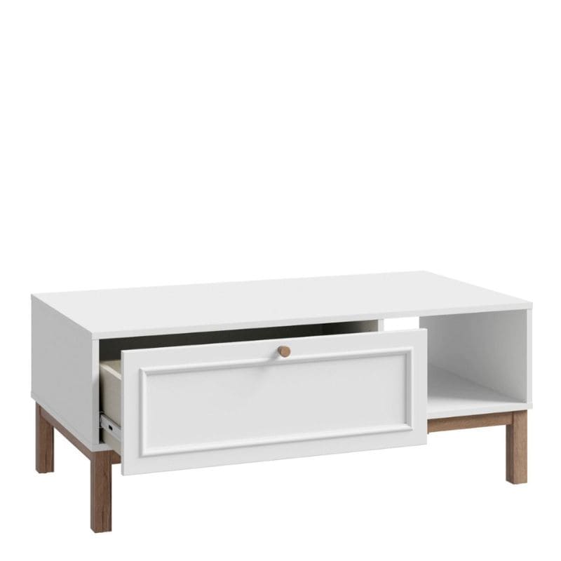 White coffee table with a drawer on a white background