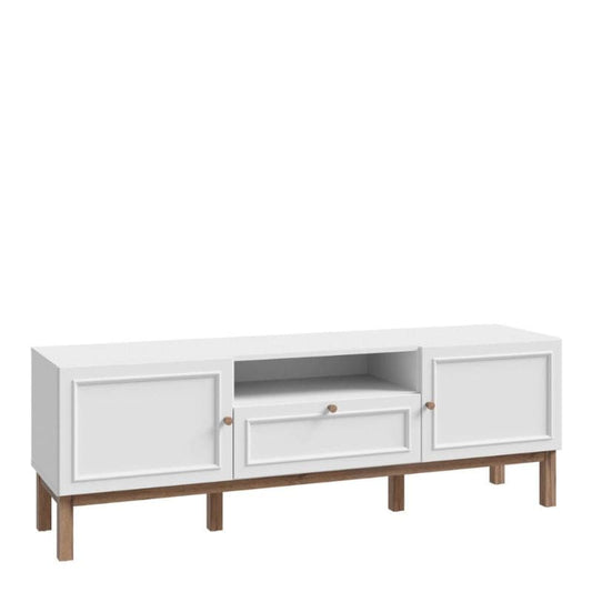 White entertainment console with wooden legs on a white background