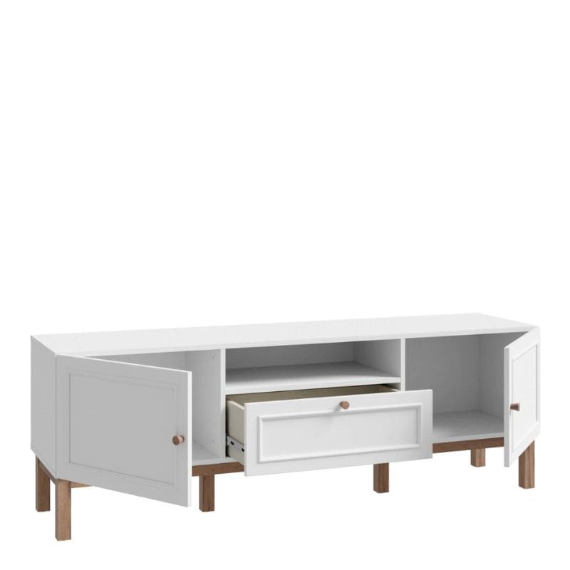 White TV stand with wooden legs and open drawer on a white background