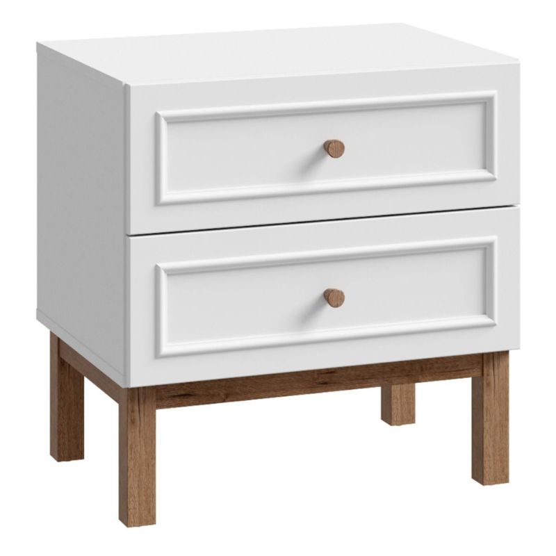 White nightstand with two drawers and wooden legs on a white background