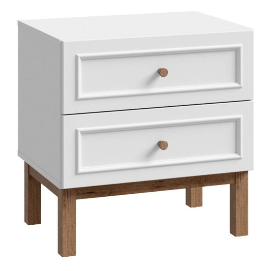 White nightstand with two drawers and wooden legs on a white background