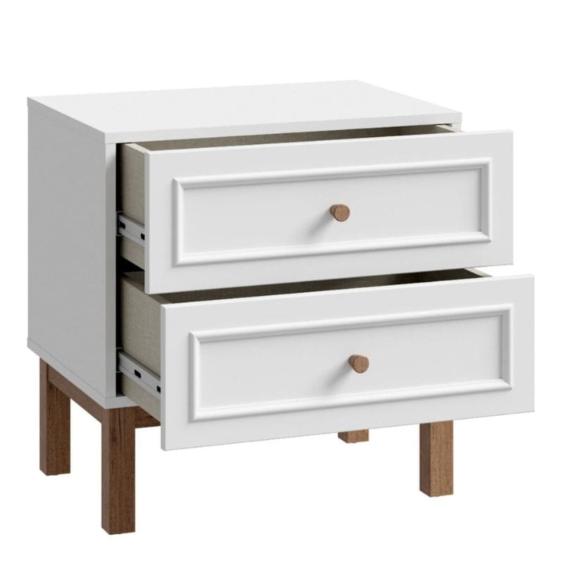 White nightstand with two drawers on a white background