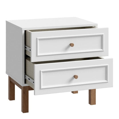 White nightstand with two drawers on a white background