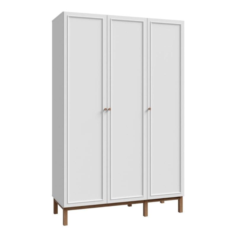 White three-door wardrobe with wooden legs on a white background