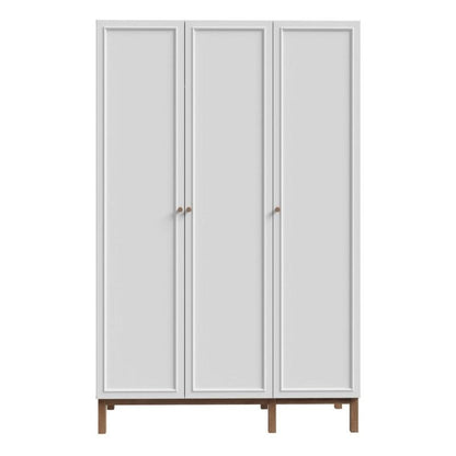 White three-door wardrobe with wooden legs on a white background