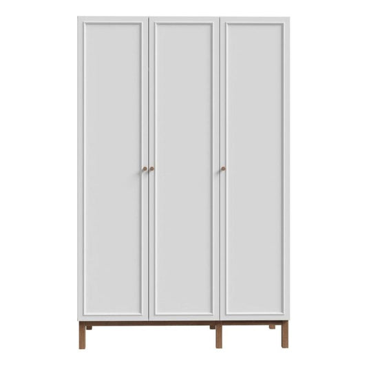 White three-door wardrobe with wooden legs on a white background
