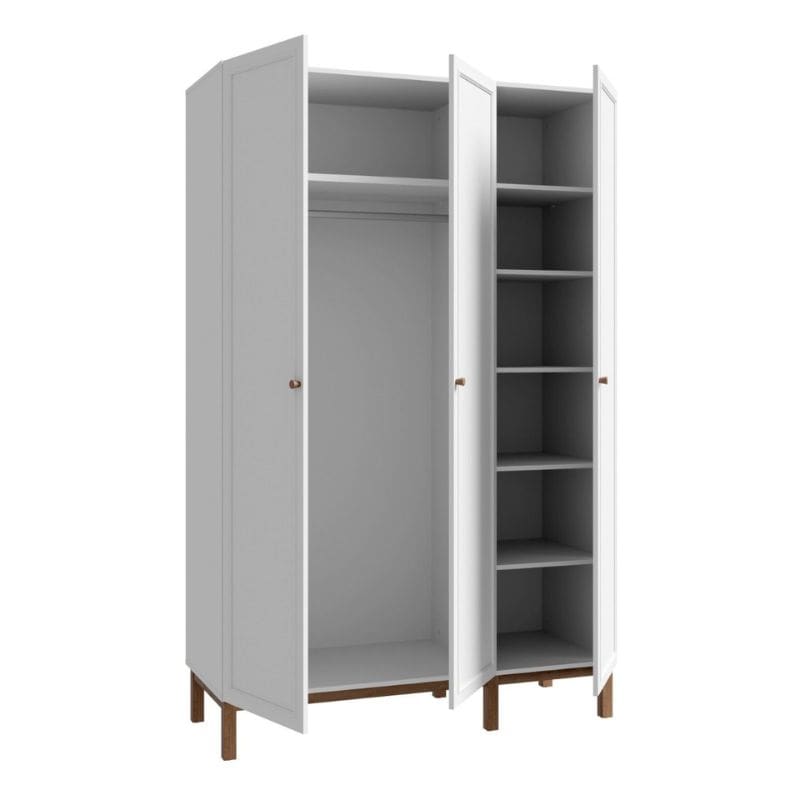 White triple wardrobe with open doors on a white background