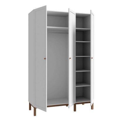 White triple wardrobe with open doors on a white background
