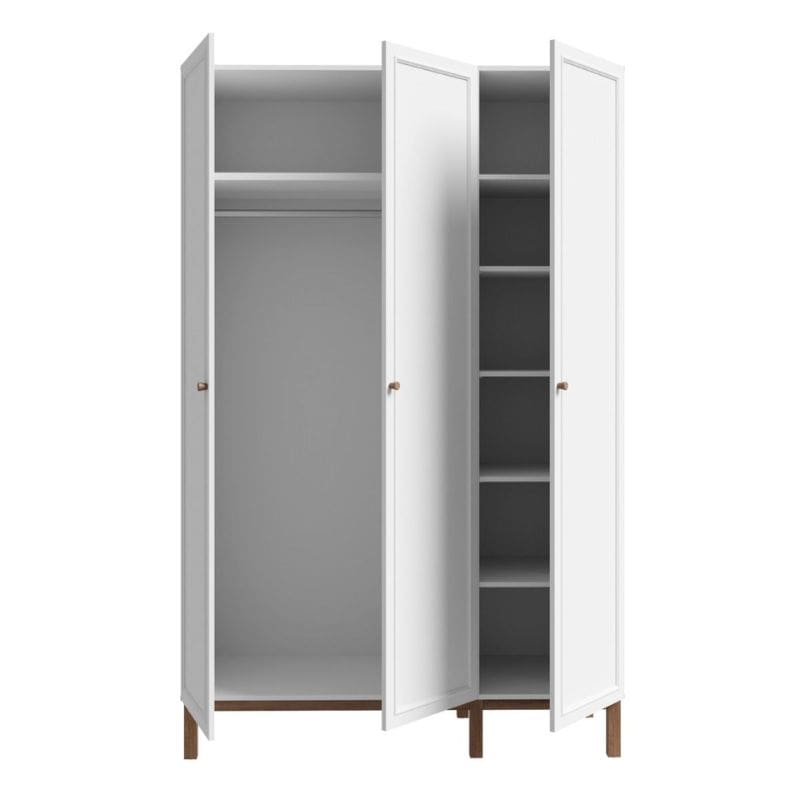 White triple wardrobe with open doors on a white background