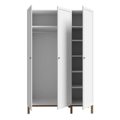 White triple wardrobe with open doors on a white background