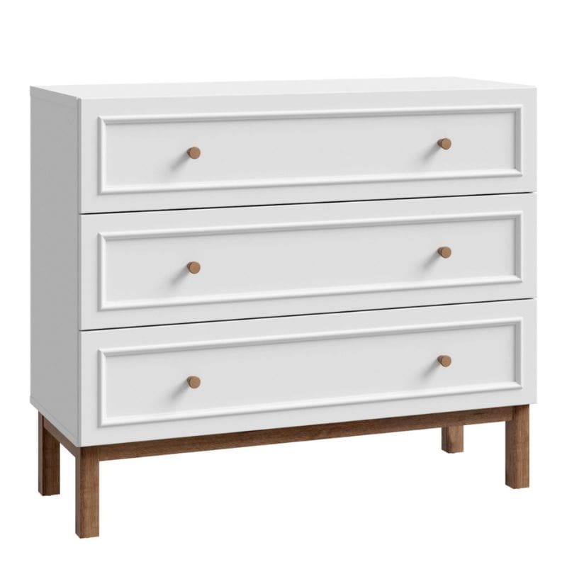 White dresser with wooden legs on a white background