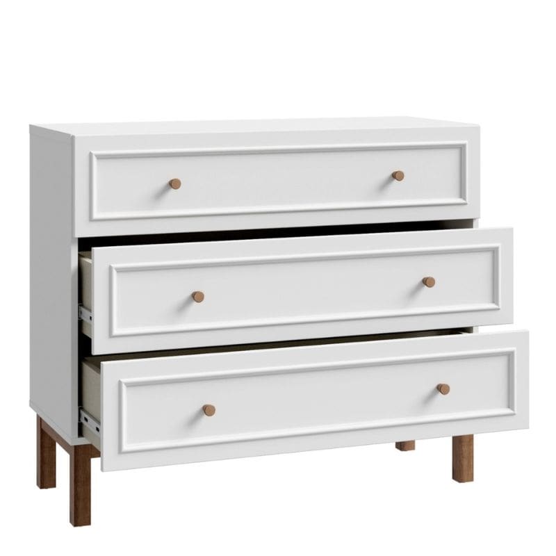 White dresser with three drawers and wooden legs on a white background