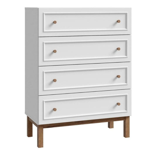 White dresser with wooden legs on a white background