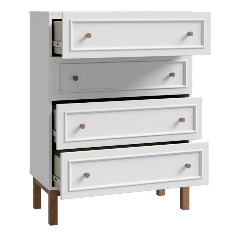 White dresser with four drawers on a white background