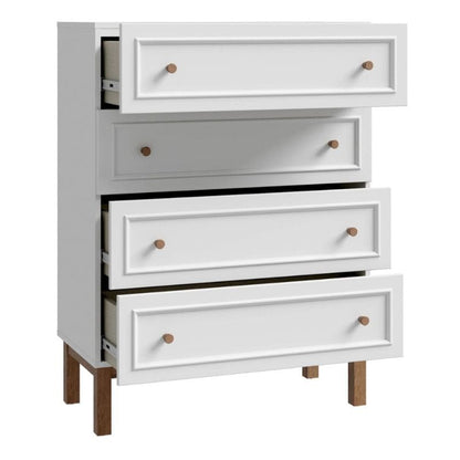 White dresser with four drawers on a white background