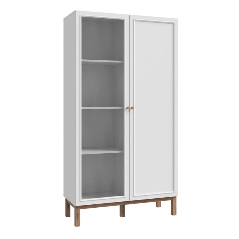 White display cabinet with glass doors on a white background