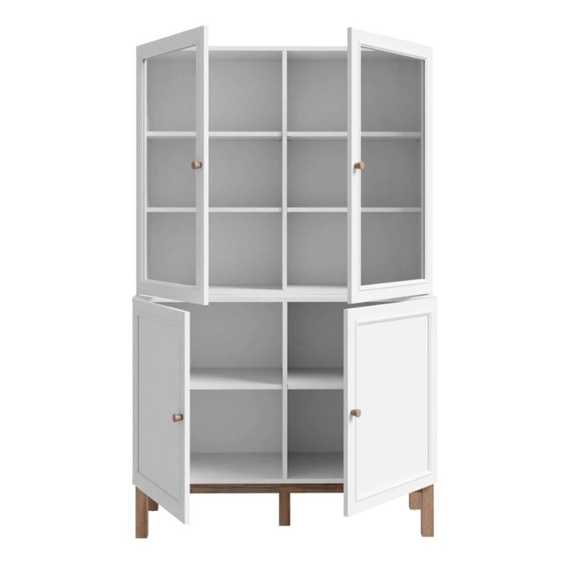 White display cabinet with glass and solid doors on a white background