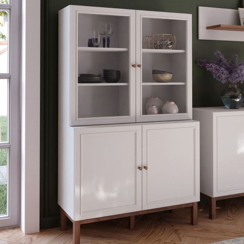 White display cabinet with glass and solid doors on a white background