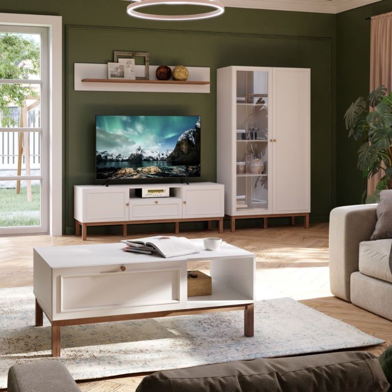 Modern living room with a TV, coffee table, and shelves.