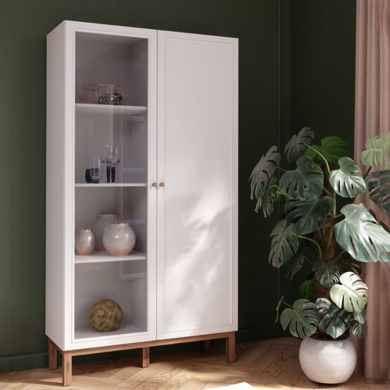 White display cabinet with glass doors and shelves