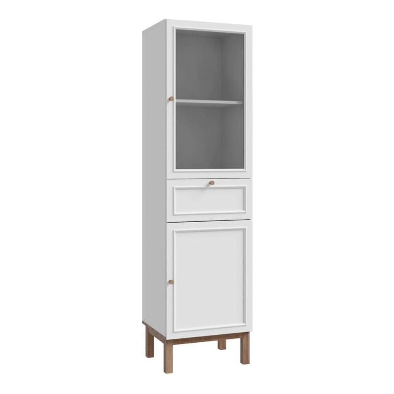 White narrow display cabinet with a single drawer and two doors on a white background
