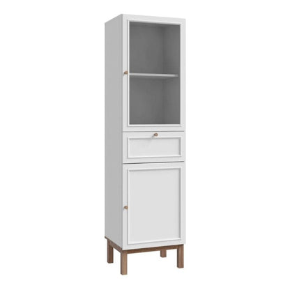 White narrow display cabinet with a single drawer and two doors on a white background