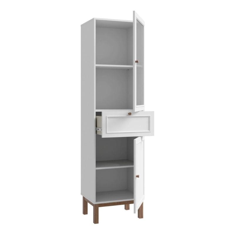White display cabinet with a single drawer and two doors on a white background