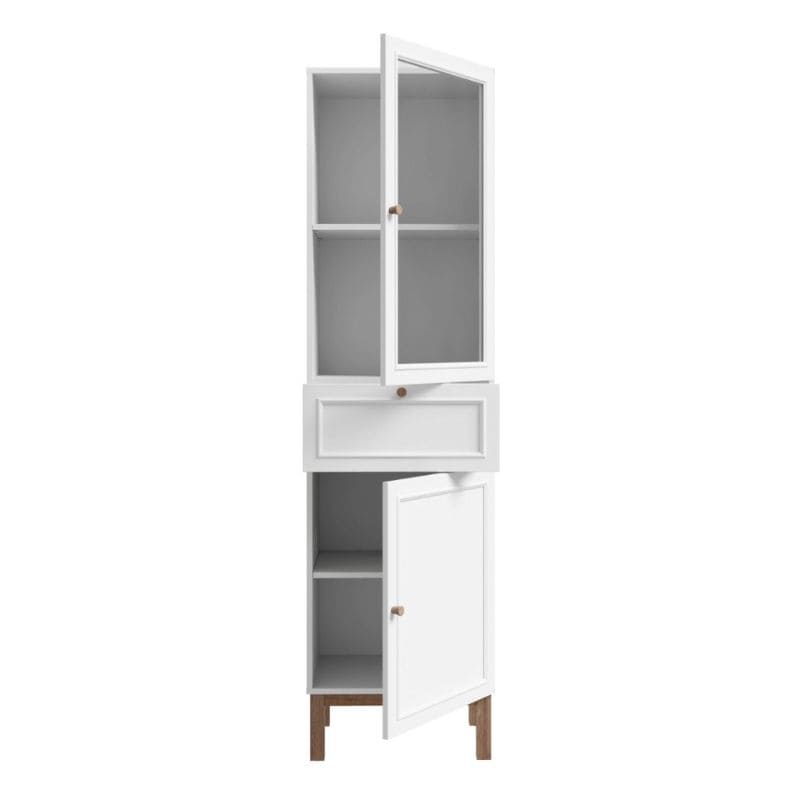 White cabinet with glass door and open door on a white background